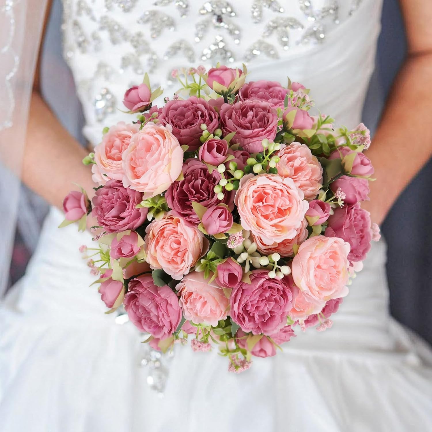 Artificial Peonies Silk Flowers Pink Faux Bouquet 2 Bunches Floral Decor