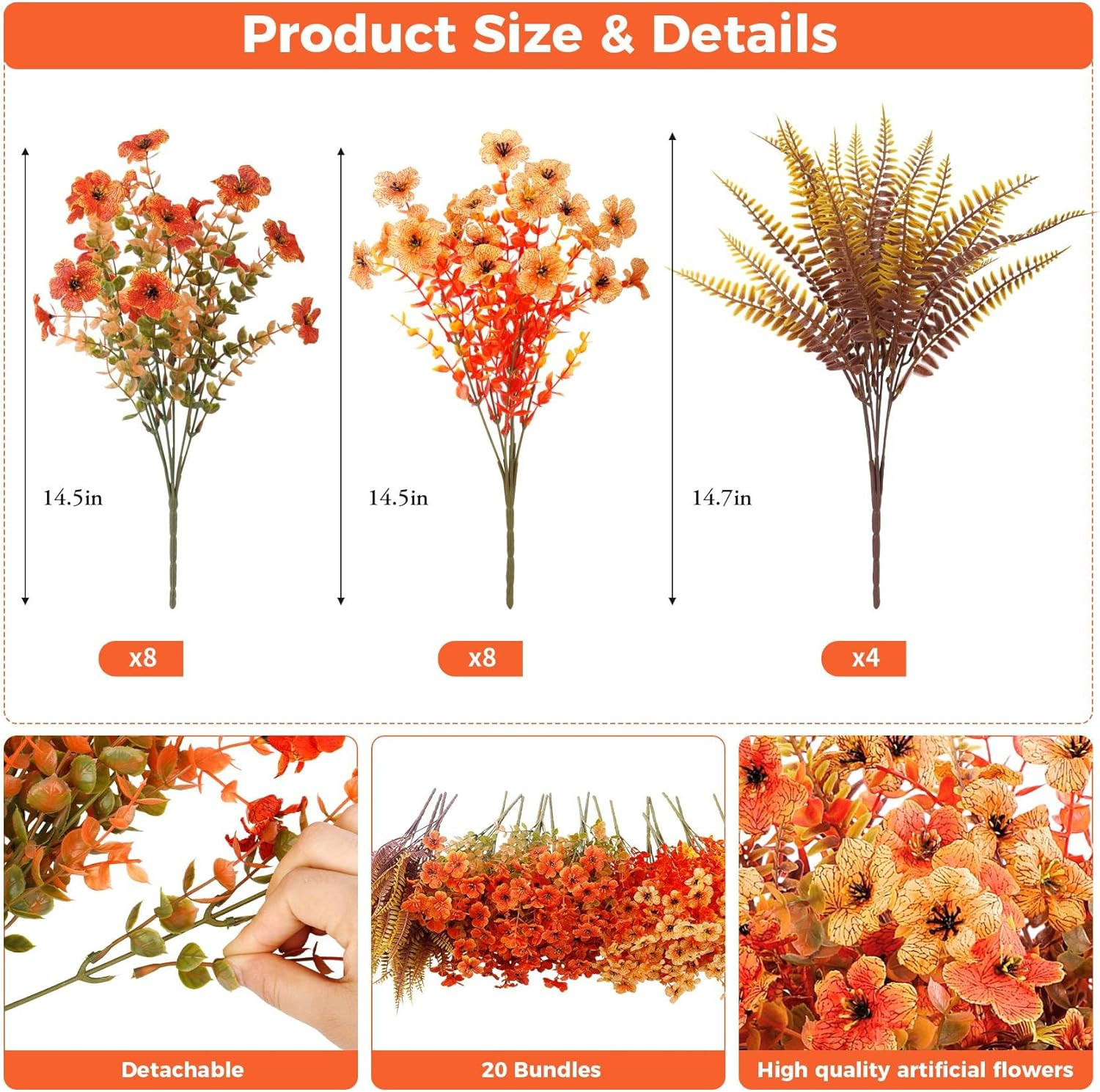 20 Bundles Artificial Fall Flowers for Outdoors Decoration, Fake Mums Silk Daisy