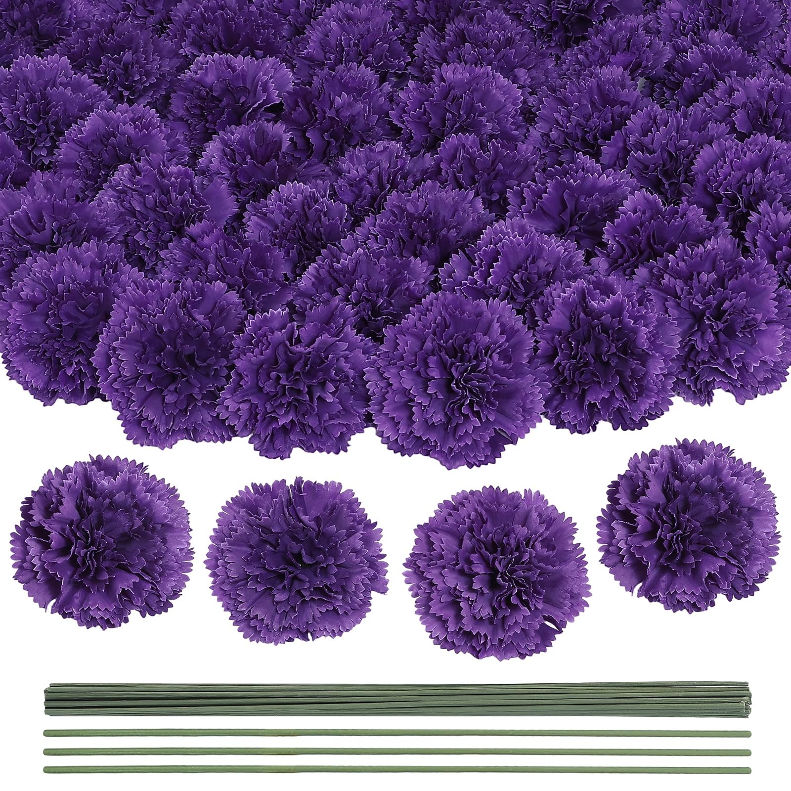 24Pcs Dark Purple Carnation Artificial Flowers with Stems, Fake Silk Carnatio…