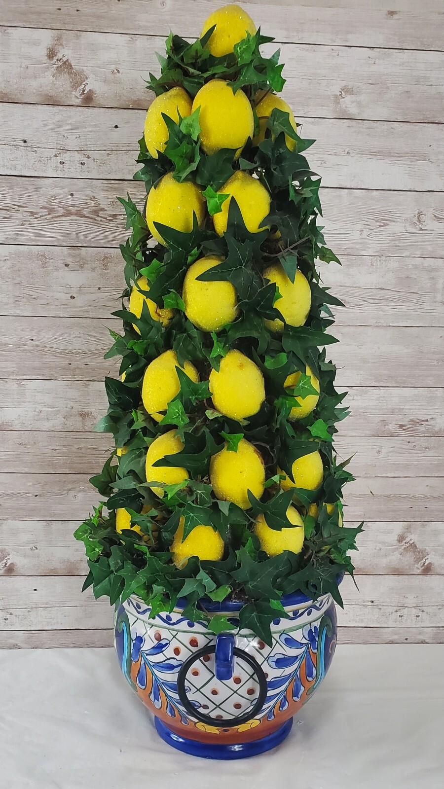 Faux Lemon 23″ Topiary Tree Centerpiece in Beautiful Cobalt Blue & Rust Planter