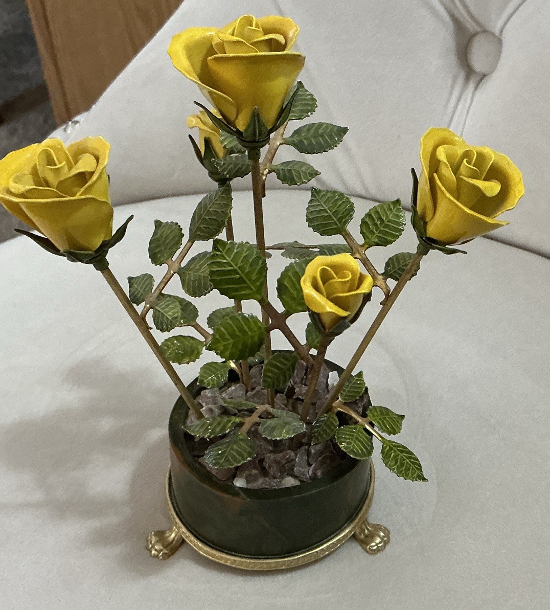 Enamel on Copper Yellow Potted Roses On Footed Base Vintage.