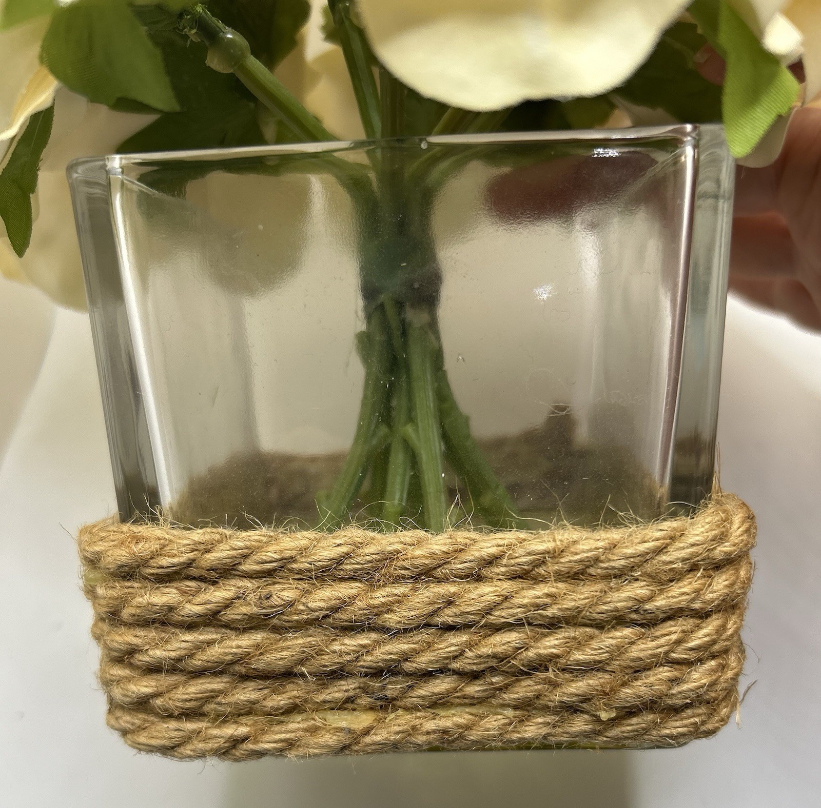 Rose Stems Floral Silk Roses In Glass Cube Rope Wrap Bottom