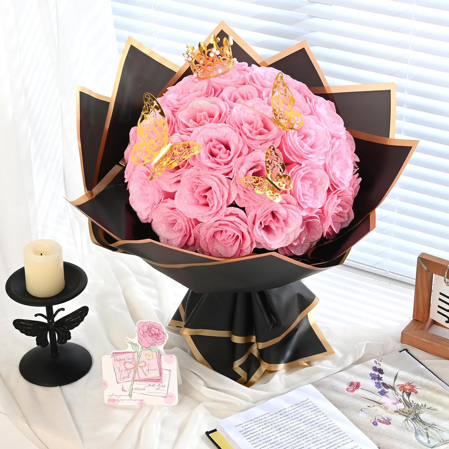 Pink Glitter Roses Bouquet, DIY Fake Flowers Bouquet, Everlasting Shiny Artifici