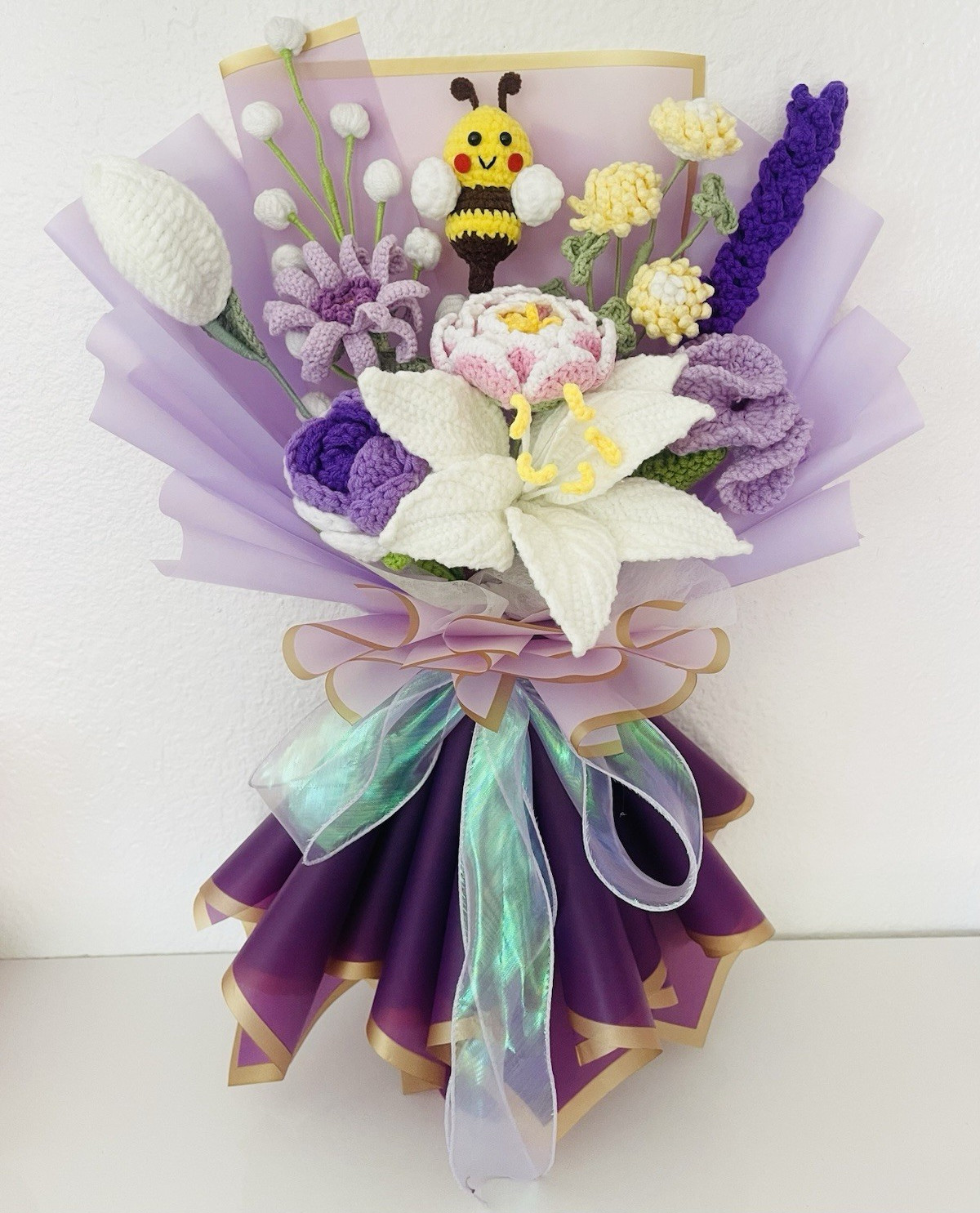 Artificial Crochet Flower Bouquet Wall Decor w/ Bee, Purple Wrap & Ribbon, 20″