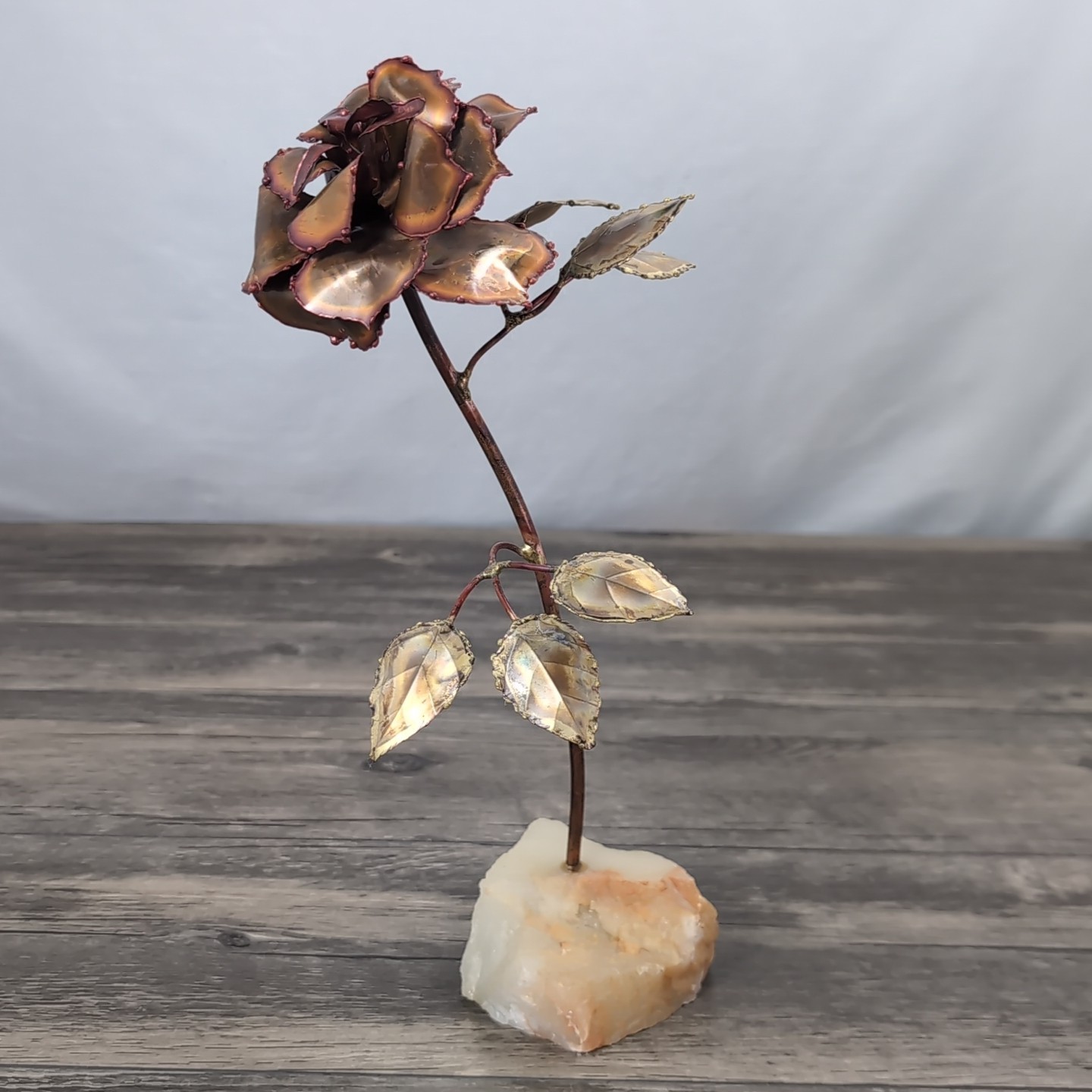 Vintage Tole Wild Rose Sculpture Rock Base Signed 1986 11.5in OOAK Decor