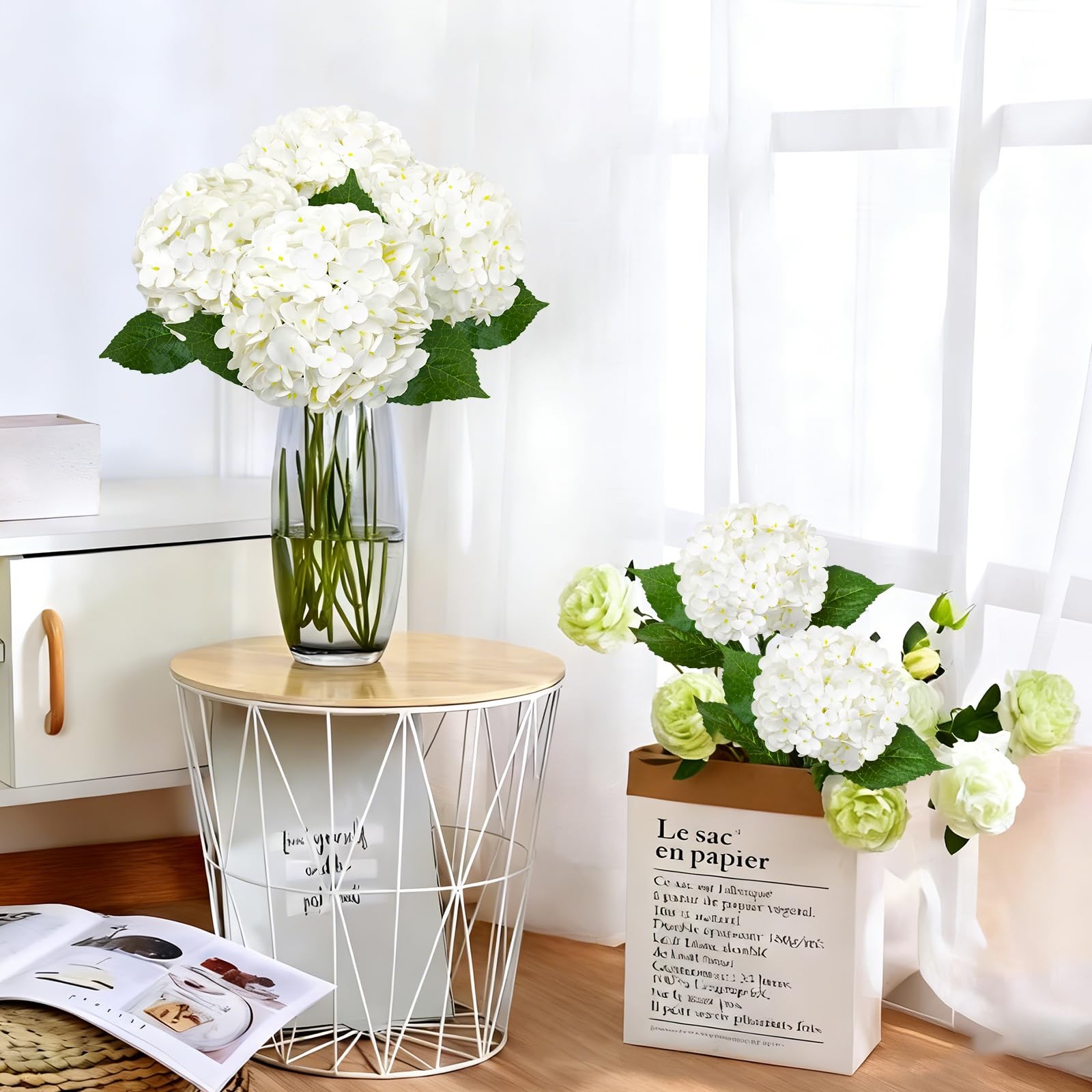 4 PCS Real Touch White Hydrangea Artificial Flowers 20.5 Inch Faux Bouquet Set