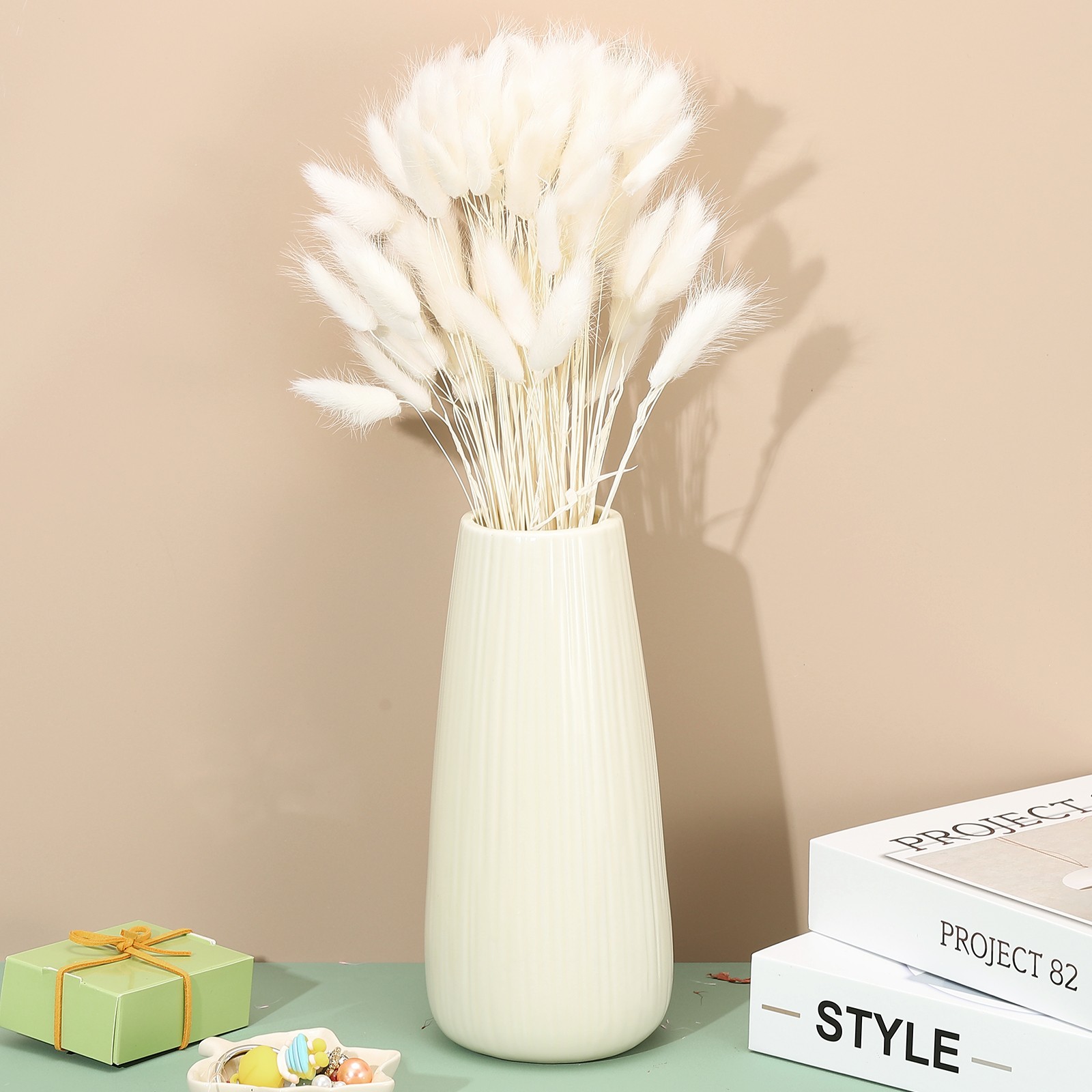 15.7in Bunny Tails Dried Flowers, 120pcs Pampas Grass Decor Rabbit Tail, White