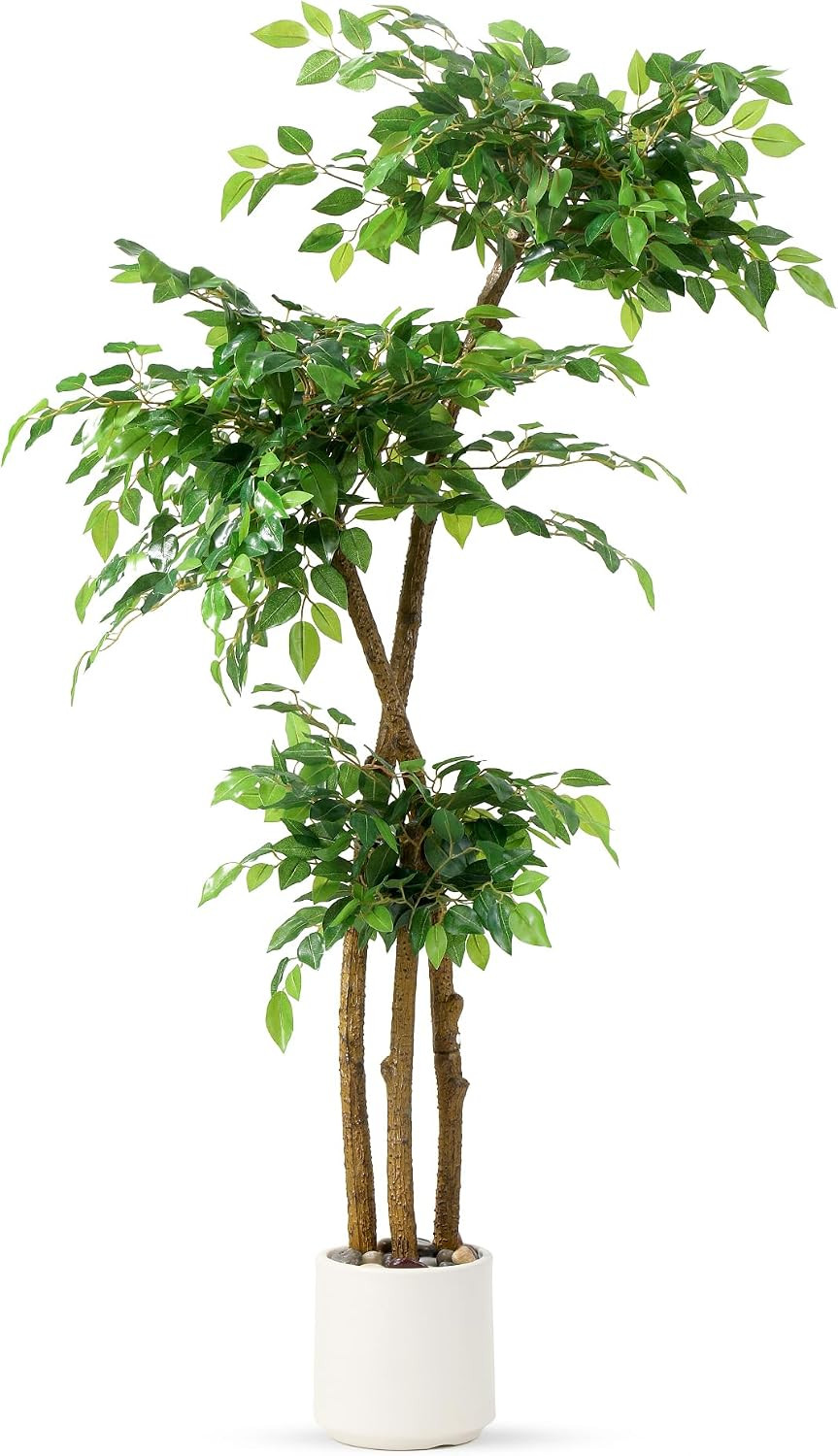 5FT Artificial Ficus Tree with White Planter and Pebbles,Faux Silk Tree with Lif