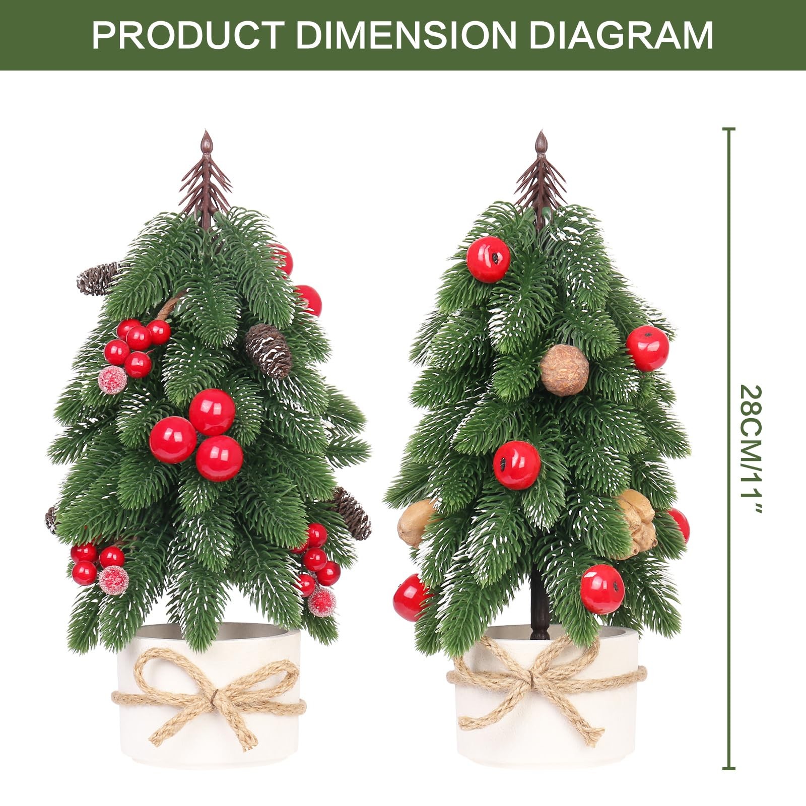 2 PCS Small Christmas Tree Artificial Red Berry Pinecone Mini Tabletop Decor