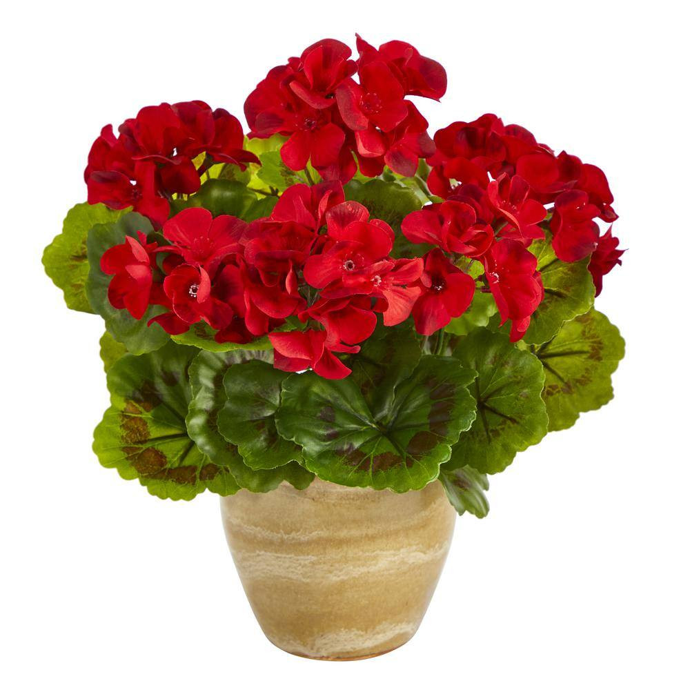 11In. Indoor/Outdoor UV Resistant Red Geranium Artificial Plant in Ceramic Plant