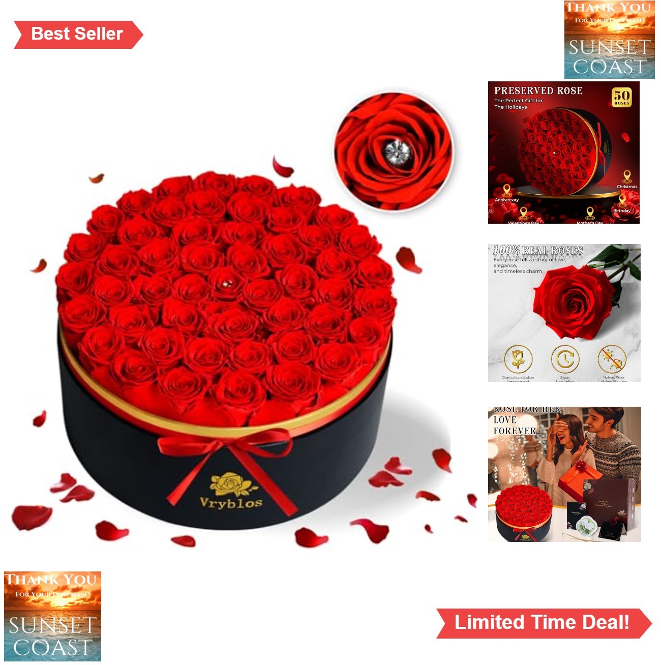 Preserved Roses 50 Piece Heart Box Real Flower Gift for Her Birthday Home Decor
