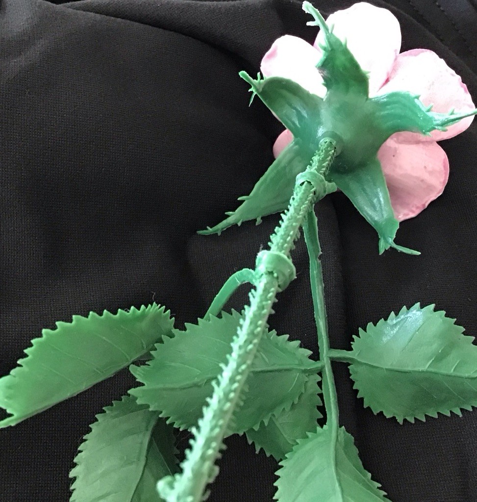 Vtg Porcelain or Clay Flower Pink Rose Plastic Stem Leaves 9”….0506