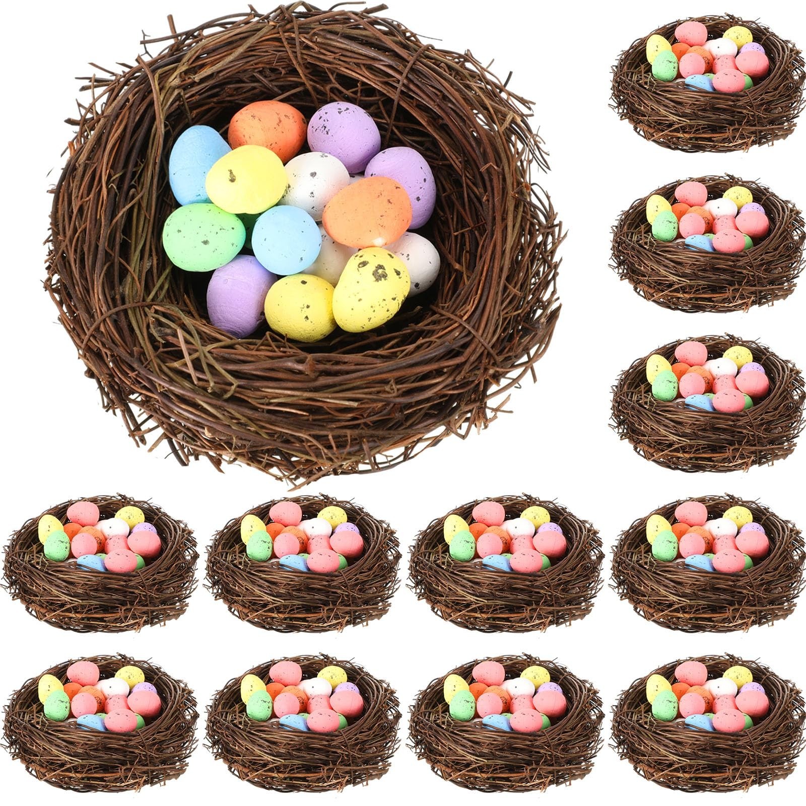 12 Pcs Mini Artificial Bird Nests with 100 Easter Eggs for Crafts & Decor