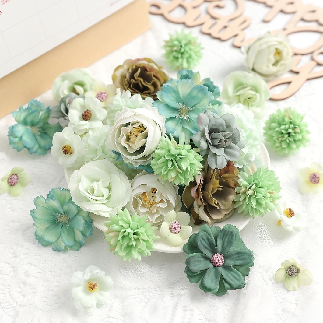 Mini Green Faux Flower Heads – Multicolor Silk Peony, Daisy & Rose for DIY Craft