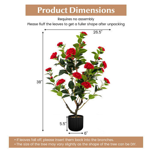 38 Inch Artificial Camellia Tree Faux Flower Plant in Cement Pot 2 Pack-Red – Co