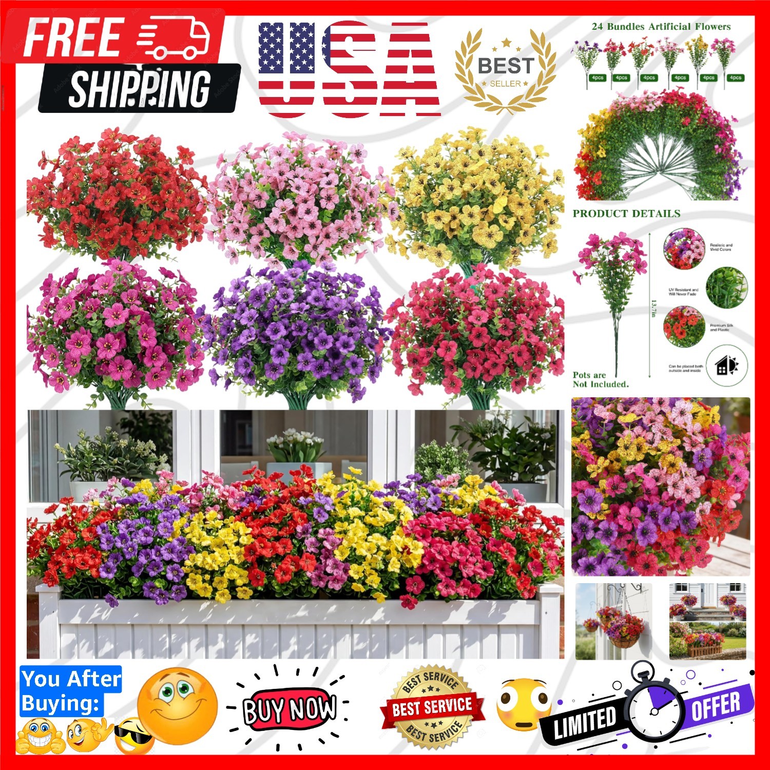 24 Bundles Artificial Flowers for Outdoor Indoor, Fake Silk Daisy with Eucaly…