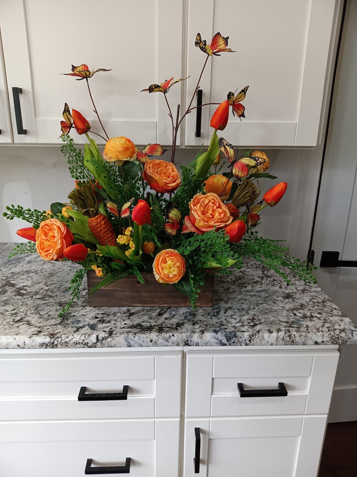 spring, floral arrangements, wooden box tulips roses, butterflies, decor