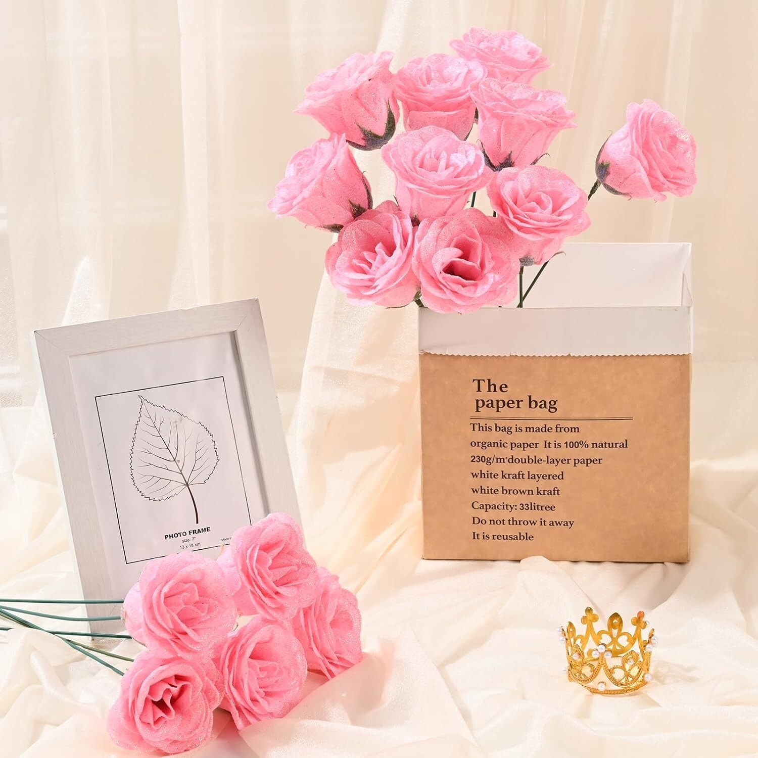 Waipfaru Pink Glitter Roses Bouquet, DIY Fake Flowers Bouquet, Everlasting Shiny