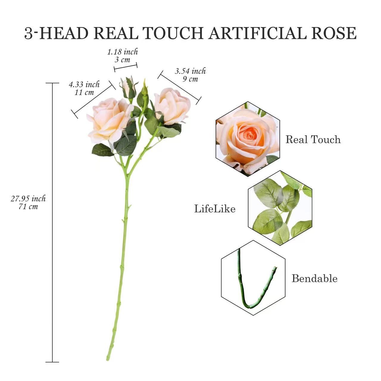 4Pcs Artificial Long-Stem Roses,3 Heads Each,2 Fully Bloomed,Lifelike Realistic