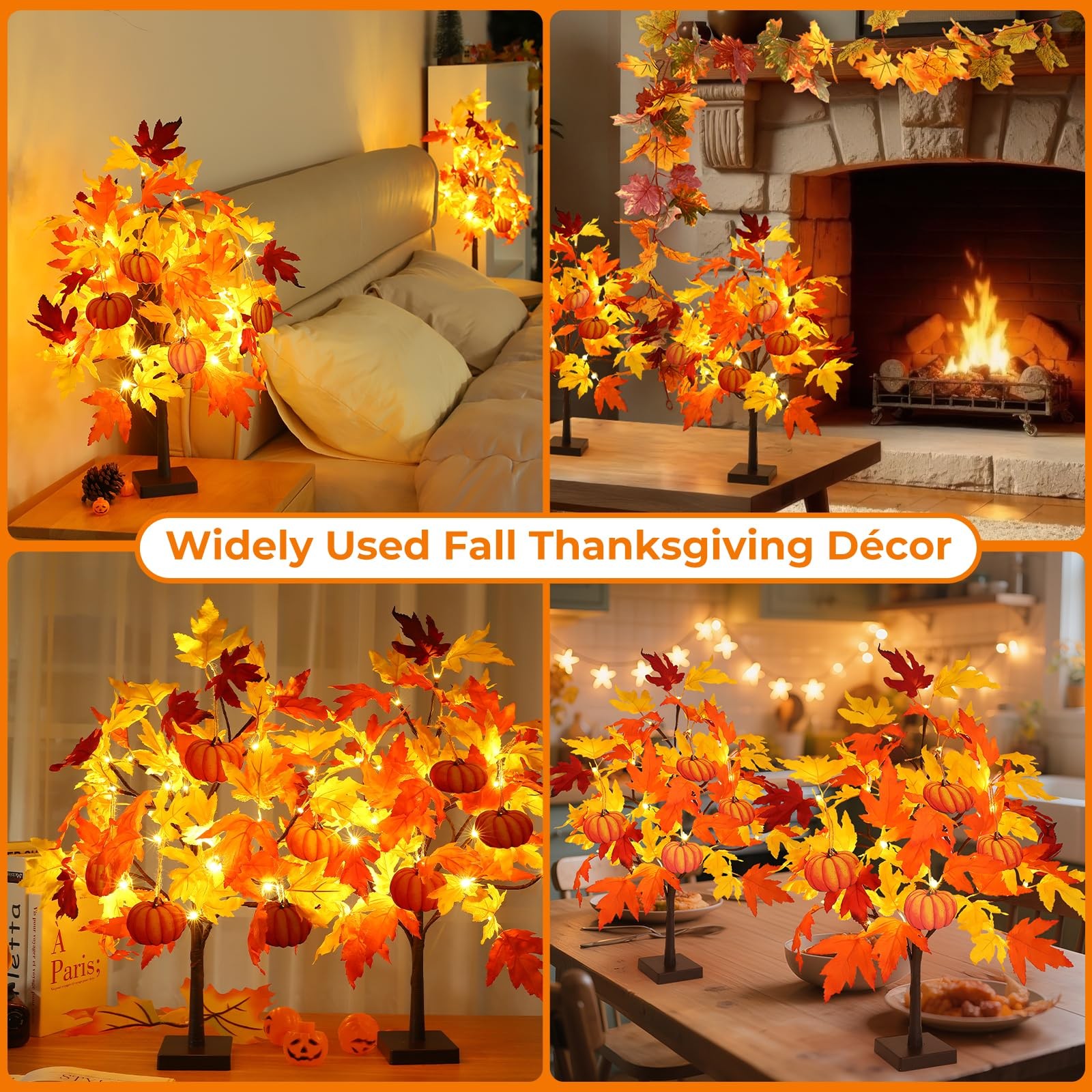 2 PCS 24 Inch Fall Maple Tree 48 LED Battery Lights 8 Pumpkin Ornaments