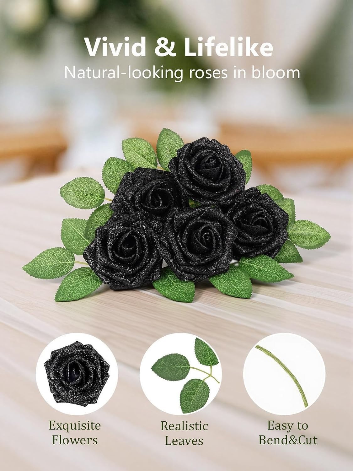 Realistic 25pcs Black Glitter Roses – Perfect for All Occasion Centerpieces