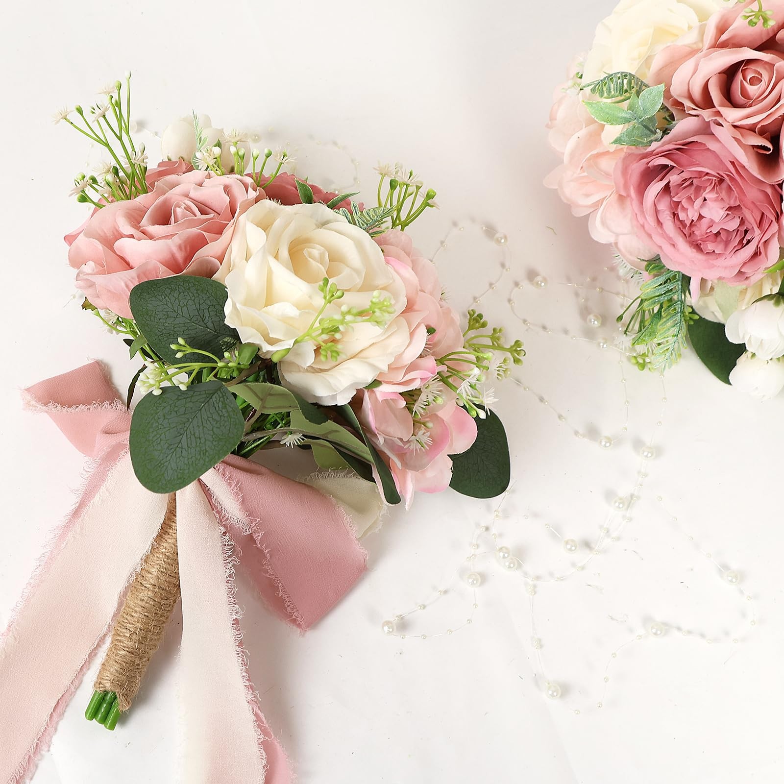 2 PCS Wedding Bridesmaid Bouquets 7 Inch Artificial Flowers Pink White Decor