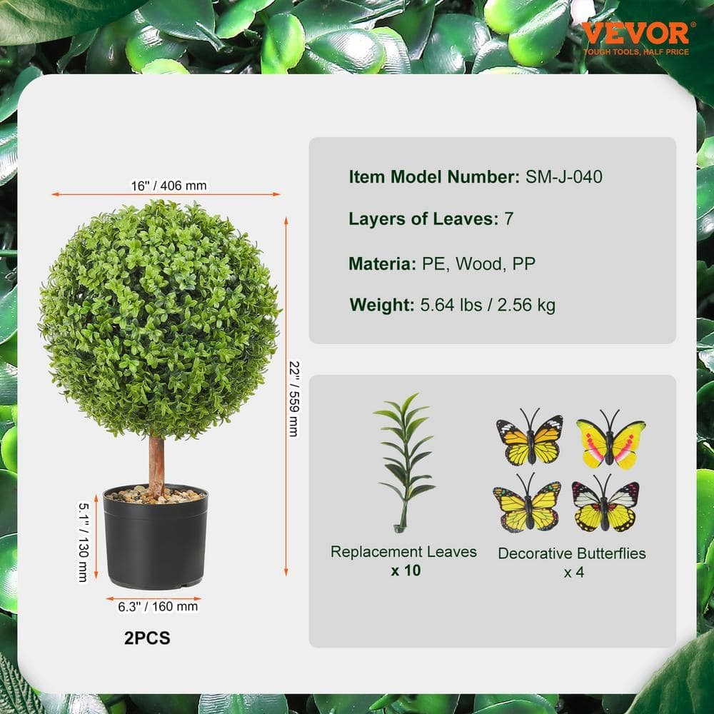 VEVOR 22 in. Green Boxwood Topiaries Ball-Shape Plant, 2-Piece