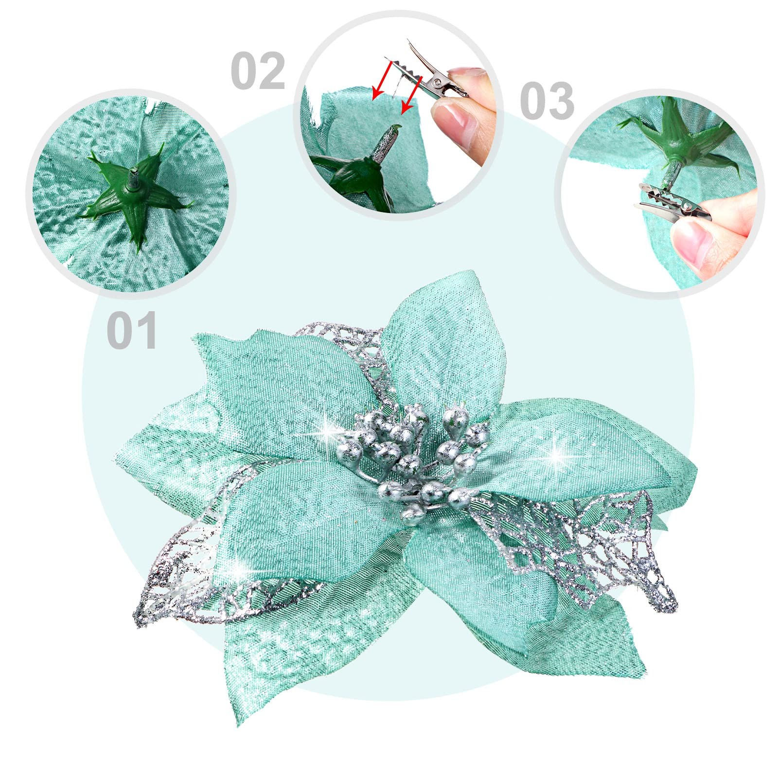 Mint Green Christmas Artificial Glitter Poinsettia Flowers 72 PCS 3 Sizes