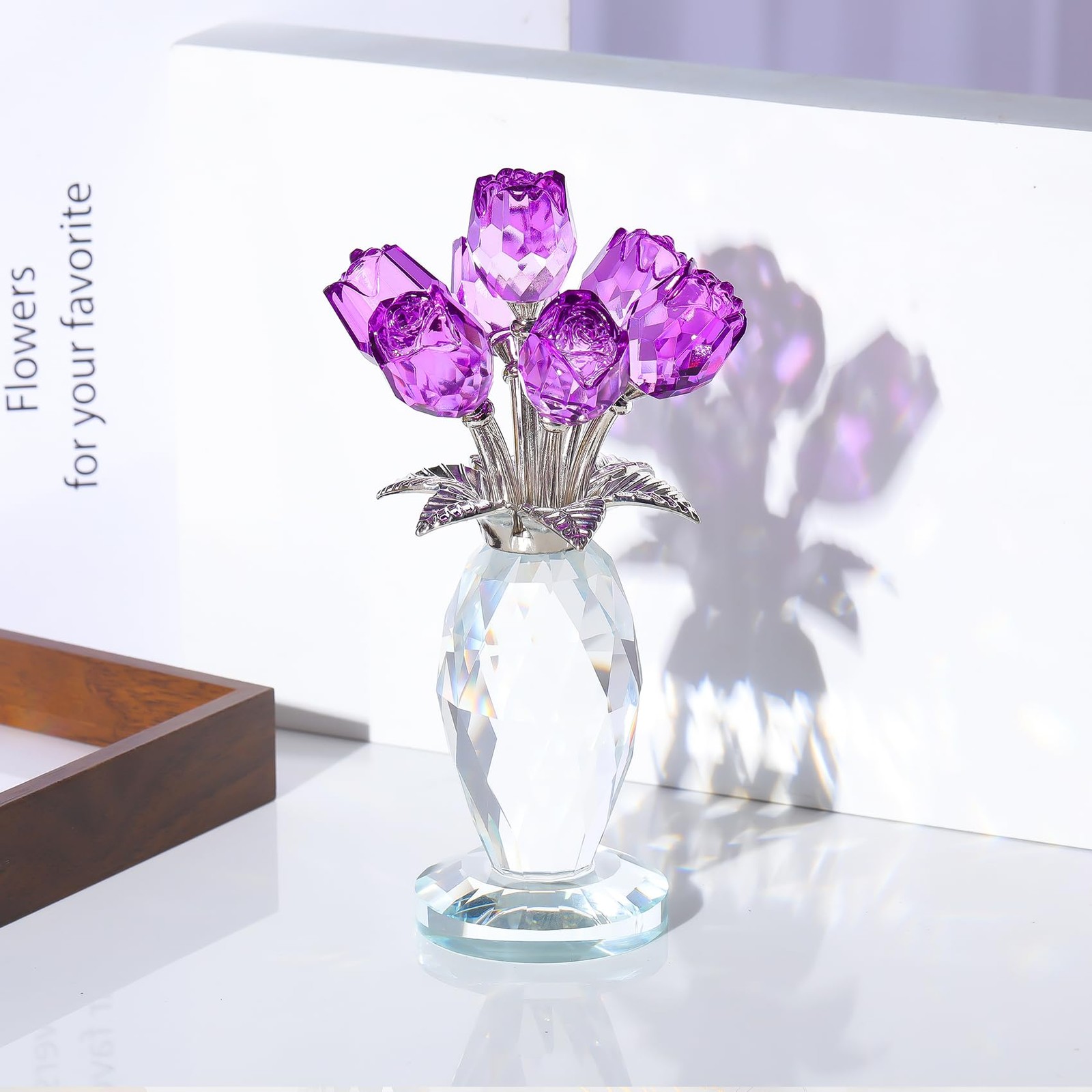 Handcrafted Crystal Purple Rose Figurine with Vase – Elegant Gift for Women