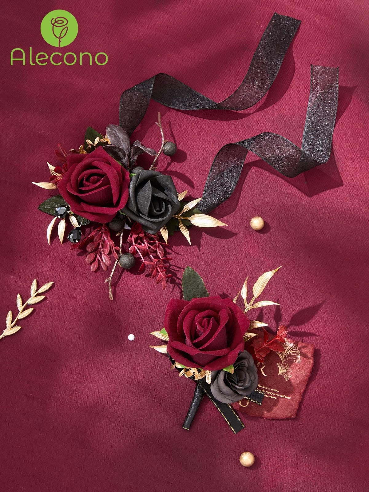 Burgundy Red and Black Rose Corsage Wristlet and Boutonniere Set for Prom 1 PCS
