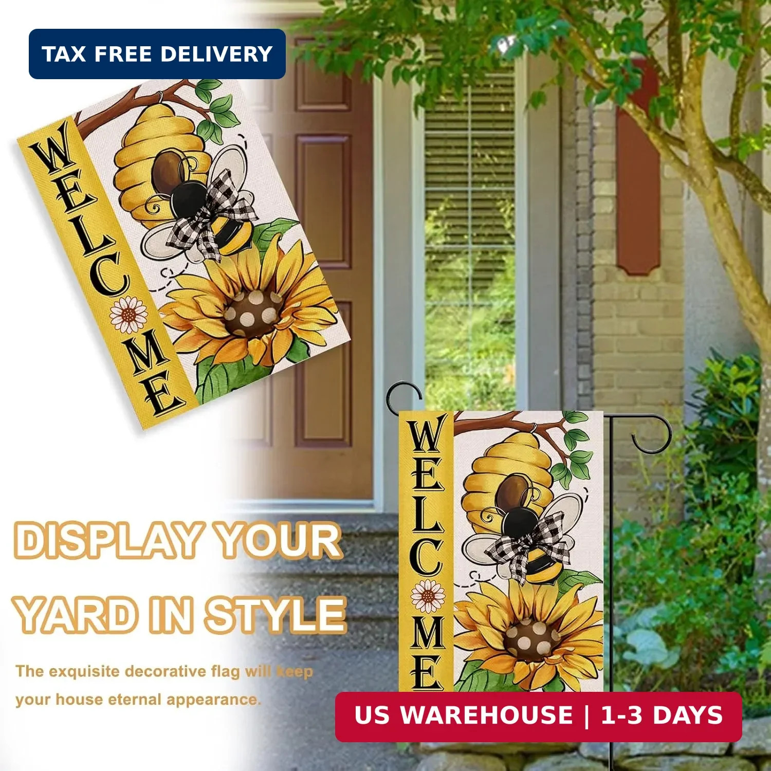 Welcome Spring Summer Bumble Bee Sunflower Decorative Garden Flag, Flower Honeyc