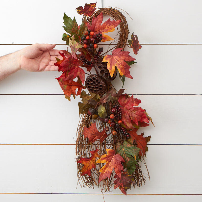 26″ Artificial Maple Leaf, Lotus Pod, and Berry Twig Wall Hanger