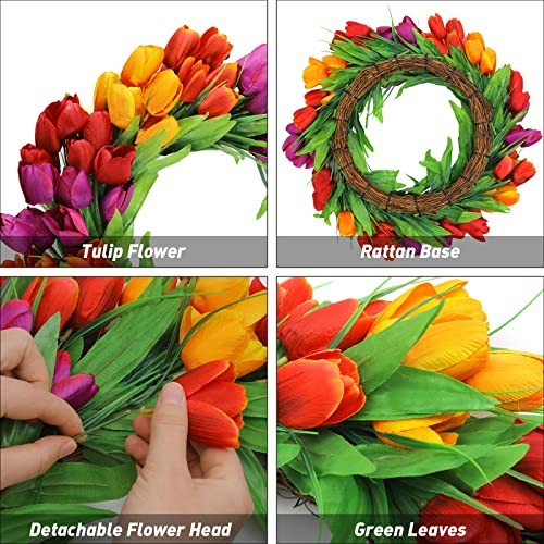 Tulip Wreath for Front Door, Spring Summer Silk 20 Inch Red Yellow Purple