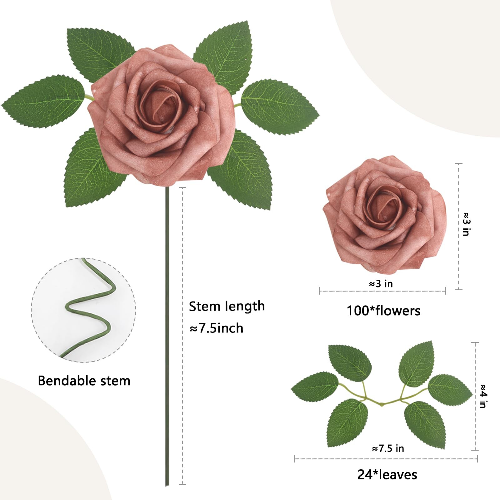 100 PCS Warm Taupe Artificial Flowers Roses Foam Fake Leaves Wedding Bridal
