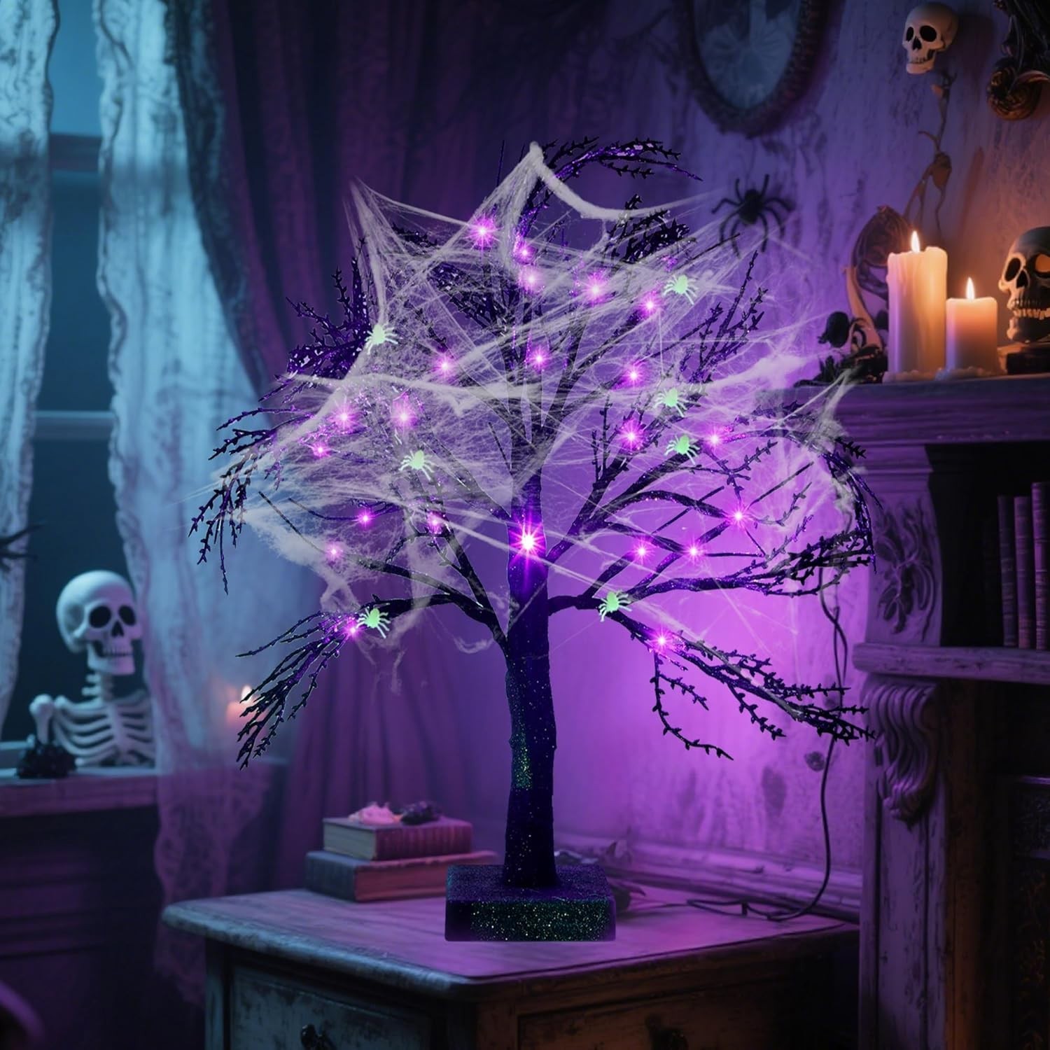 2 Pcs Halloween Black Spooky Tree with 24 LED Purple Lights, Spider Web and 1…