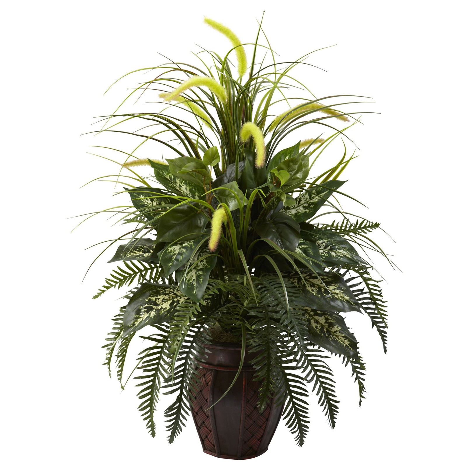 Nearly Natural Mixed Greens & Cattails W/Planter Realistic Home Garden Decor