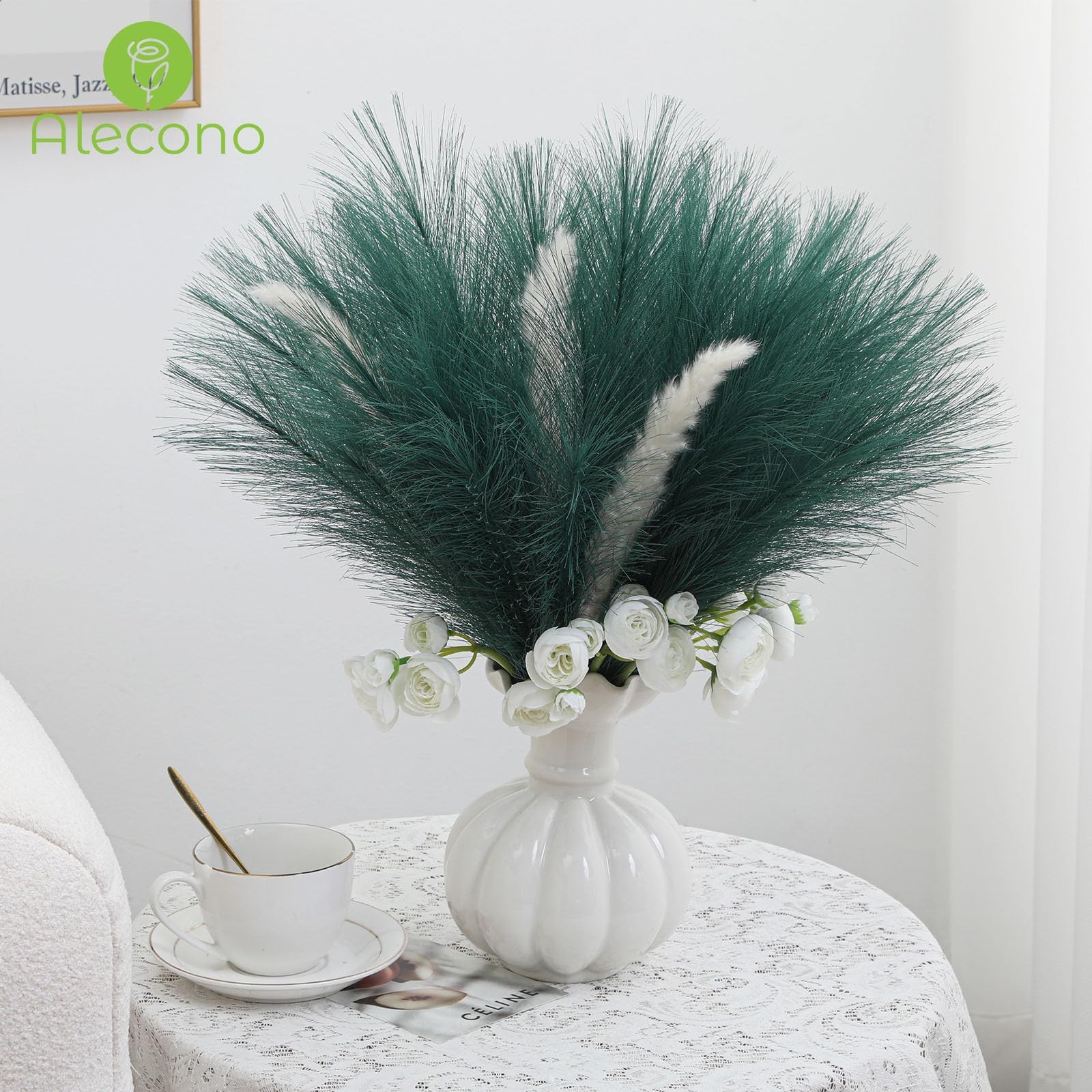 17 inch Green Faux Pampas Grass Decor, Tall Artificial Stems for Floor Vase