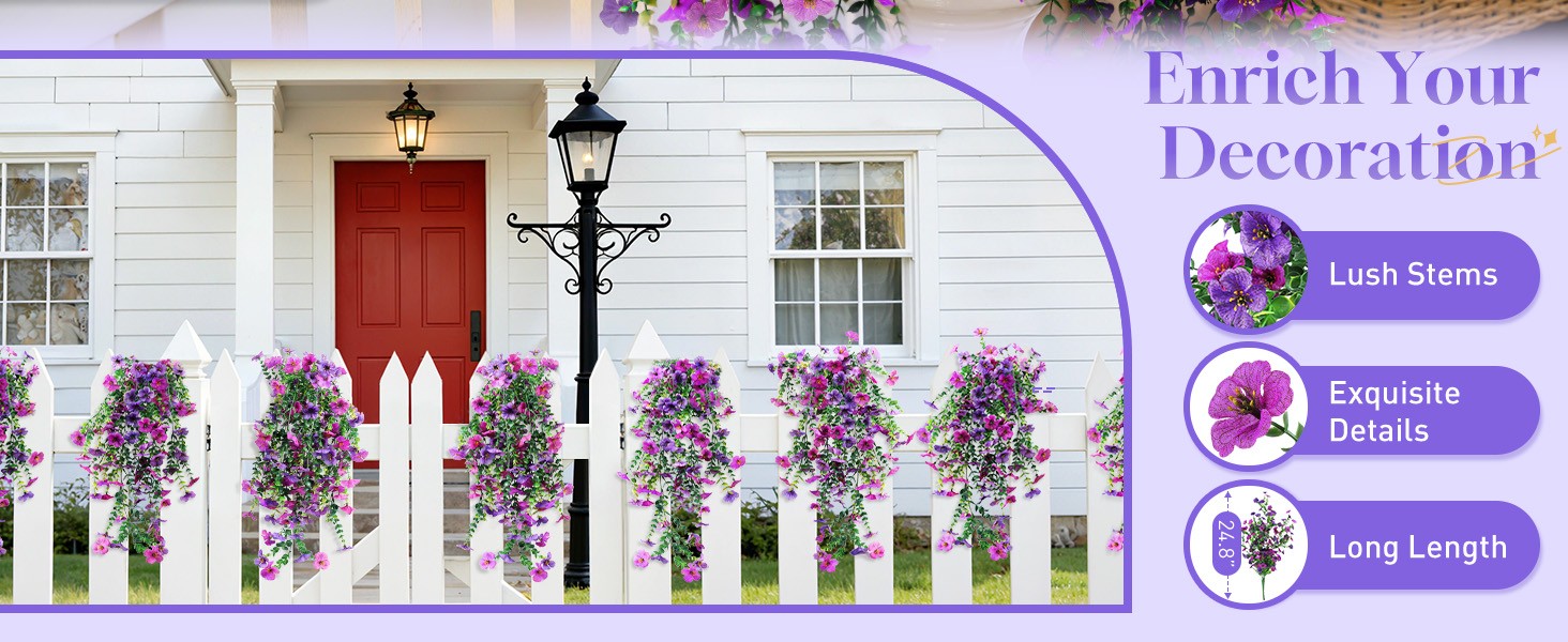 2 Pcs Artificial Hanging Flowers, UV Resistant Fake Flowers with Flexible Stems,