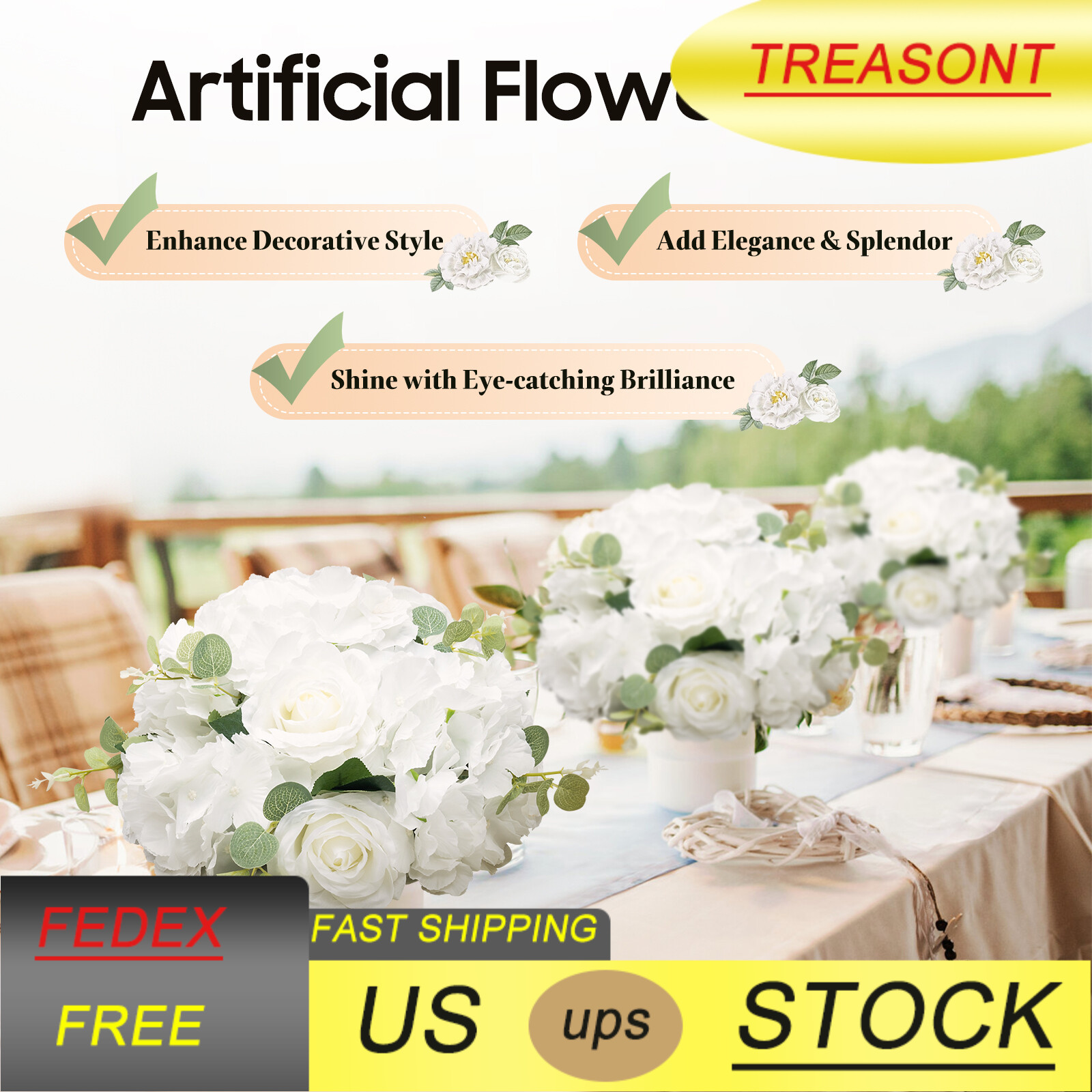 6 Pcs Artificial Silk Flower Balls White & Green for Indoor/Outdoor Party Decor