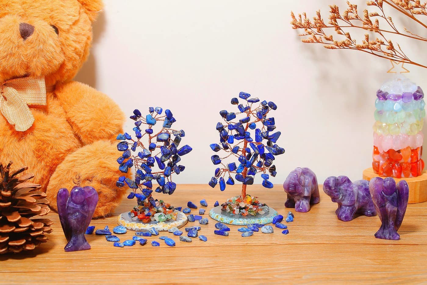 Lapis Lazuli Crystal Tree with Agate Slices Base, Copper Wire Money Life Tree…