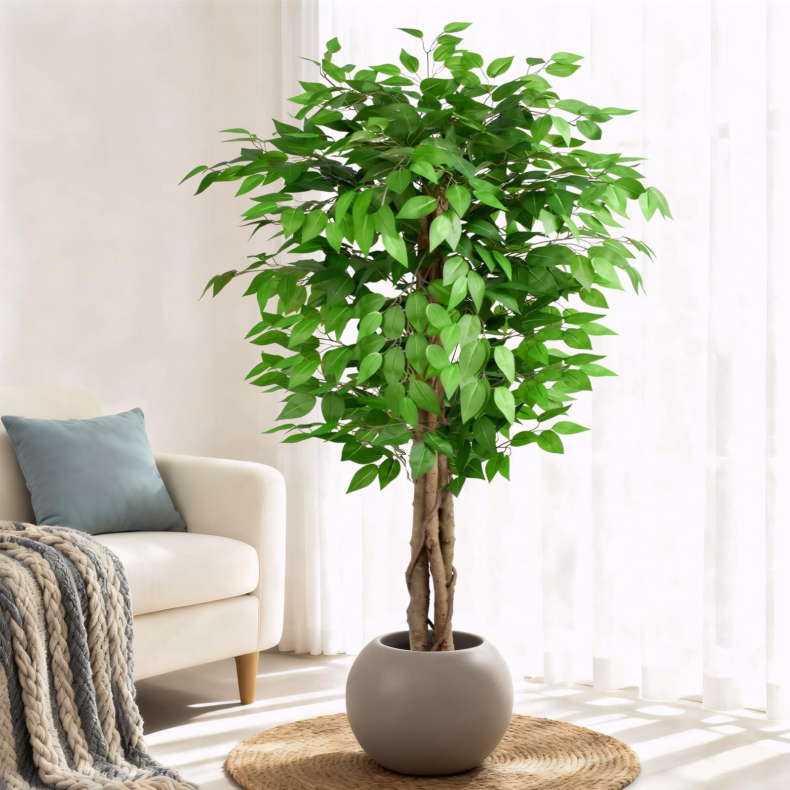 5ft Ficus Artificial Trees with Natural Curved Trunks, 60″ Tall Lush Faux Tre…