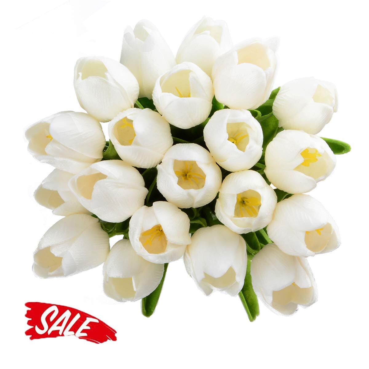 20Pcs Artificial Tulips White Real Touch PU Latex Faux Spring Singh Stem Bouquet