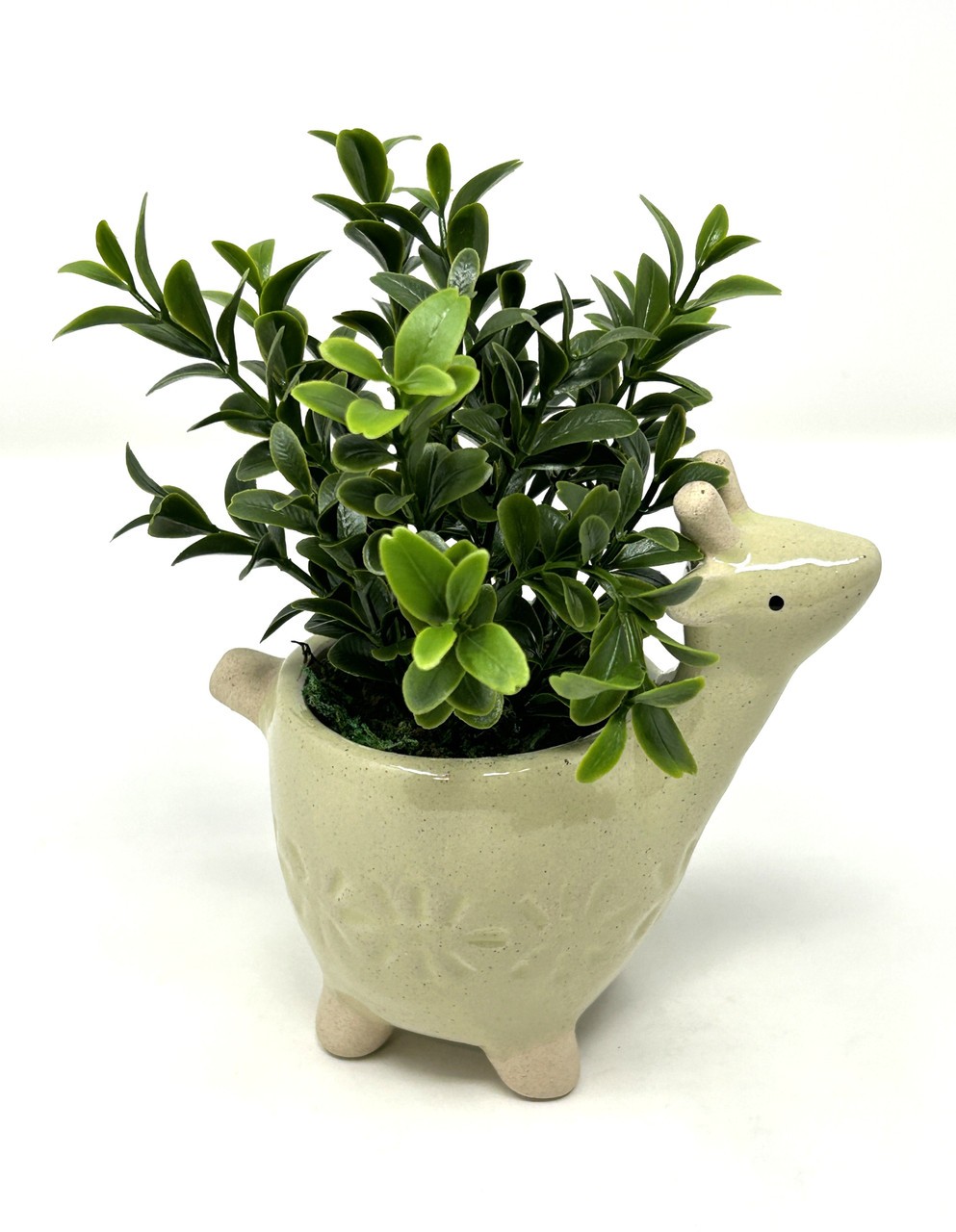 Mini 6″ Artificial Sage Boxwood plastic plant potted in Ceramic DEER Giraffe Pot