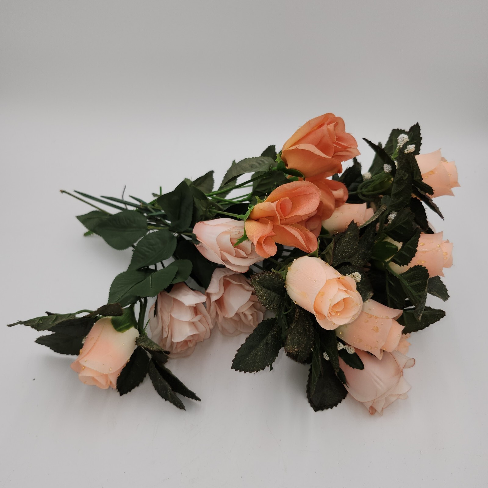 vintage faux fake artificial flowers peach roses w/raindrops 16″