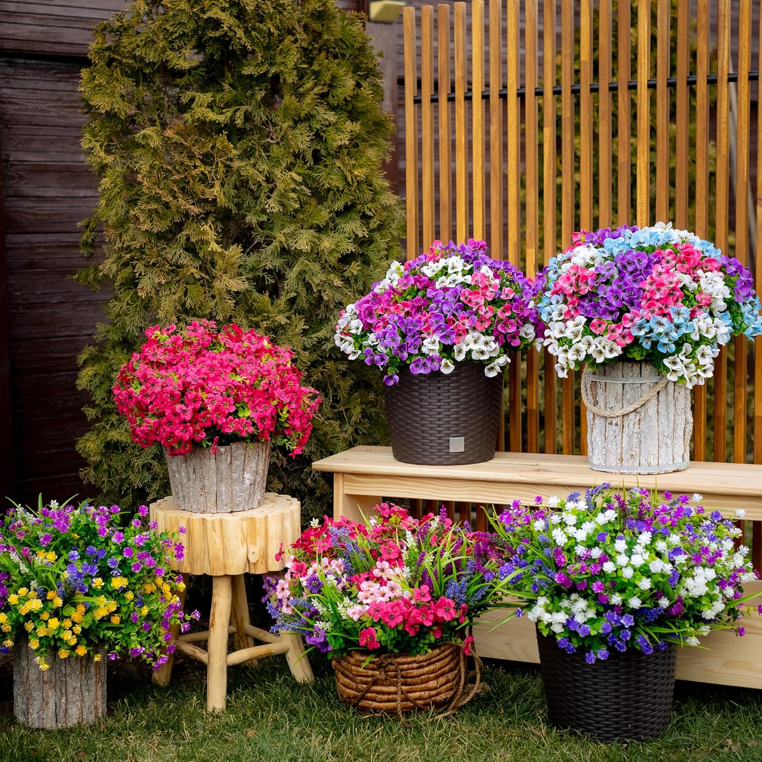 Artificial Flowers Outdoor Fake Plants – Mixed, 3 Colors Magenta Purple White