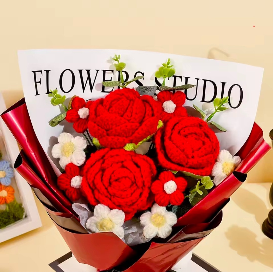 Handmade Crochet Red Rose Flowers Bouquet, Crochet Flower Bouquets for Mother’s