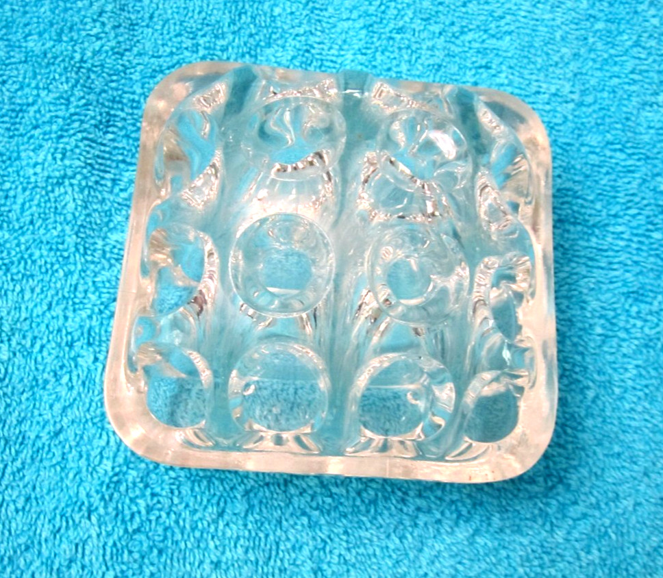 LARGE VINTAGE 3 1/2″ SQARE 16-HOLE CLEAR GLASS FLOWER FROG with DOMED CENTER