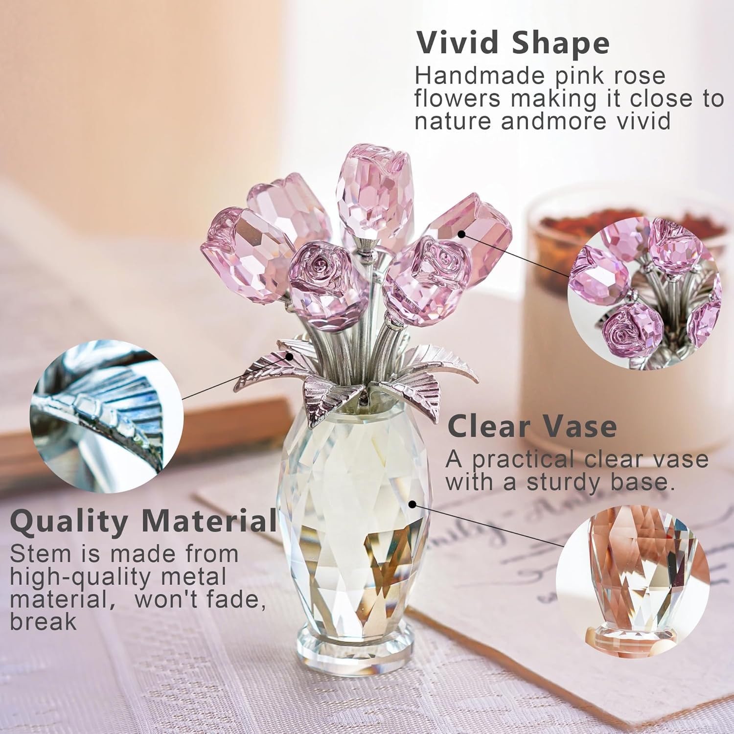 Pink Crystal Rose Bouquet Figurine,Handmade Rose Flower Gifts for Mom Gifts