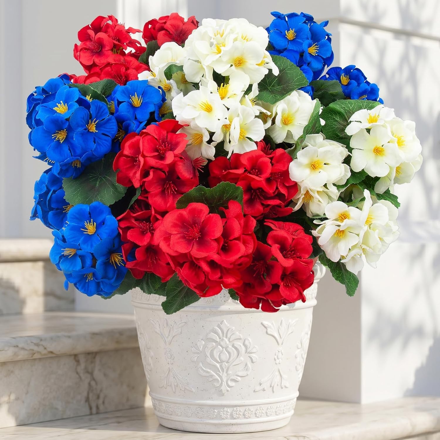 Artificial Geranium Flowers 6 Pcs UV Resistant RedWhiteBlue
