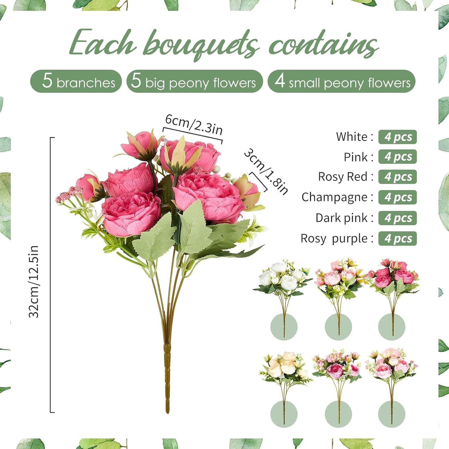 Artificial Peony Flowers, Colorful 24 Bundles | Silk Bouquet